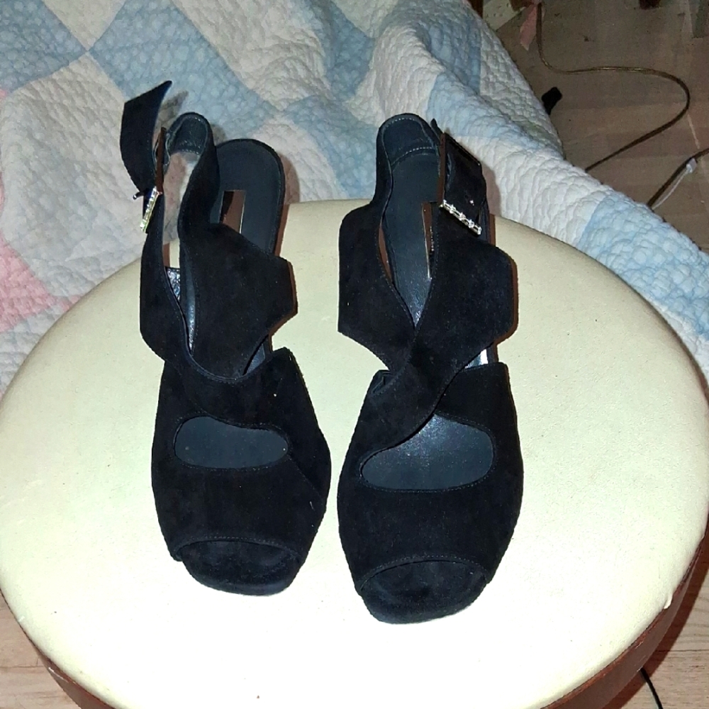 Elegant CALVIN KLEIN Black Suede Women's 4" Heel Sandal With Side Buckle Closure